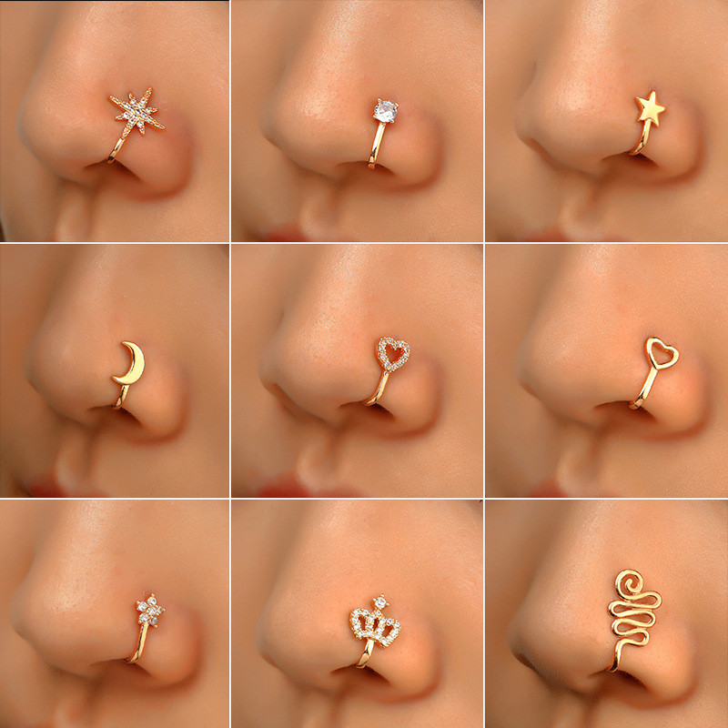 1Pc Copper Fake Piercing Nose Ring Heart Star Crown Clip On - 实物图