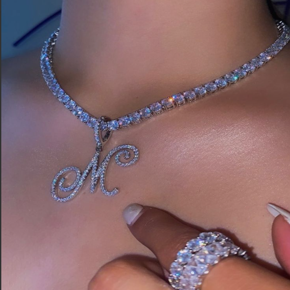 new cursive letters cubic zirconia chain intial name