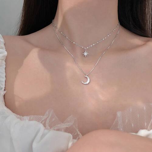 Hot Silver Double Star Chain Layer Moon Clavicle Necklace
