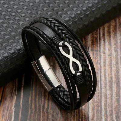 Multi-Layer Men Leather Bracelet Stainless Steel Infinity
