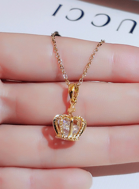 Trendy Fine 14K Real Gold Noble Crown Chain Pendant Necklace