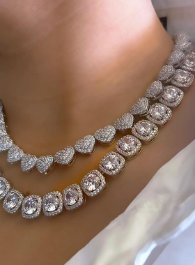 Bling Luxury Paved Crystal Heart Cuban Link Chain Necklace