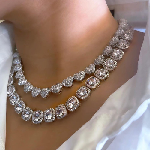 Bling Luxury Paved Crystal Heart Cuban Link Chain Necklace
