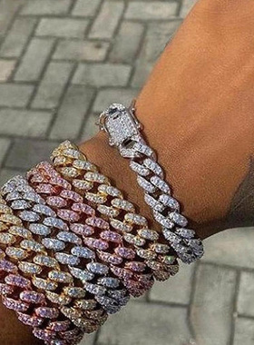 15mm Bling Rhinestone Hip Hop Cuban Link Chain Bracelets