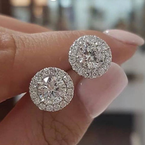 Female 2023 Crystal Round Stud Earrings Vintage Silver