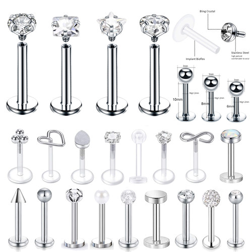 2023 16g Stainless Steel Lip Labret Piercing Crystal Ball