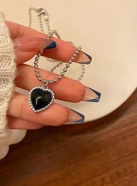 Korean Fashion Black Zircon Love Heart Pendant Necklace for