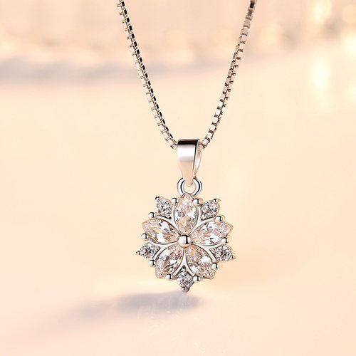 925 Sterling Silver Necklace For Women Pink Crystal Flower