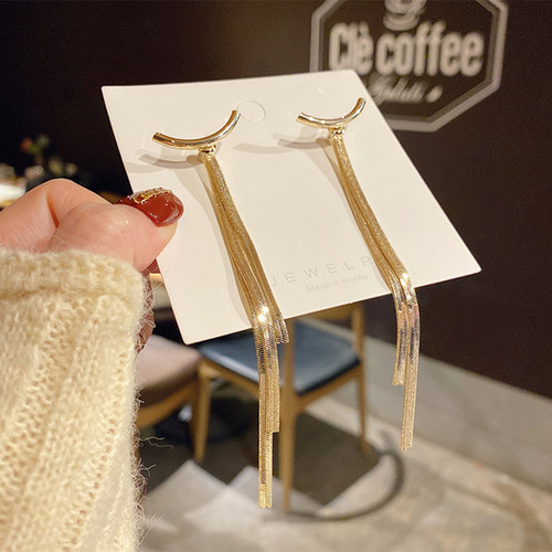 Vintage Gold Color Bar Long Thread Tassel Drop Earrings for