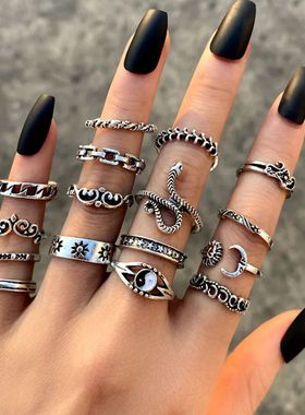 Punk Gothic Butterfly Snake Chain Ring Set for Women Black