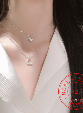 100% 925 Sterling Silver Double Layer Crystal Star Moon