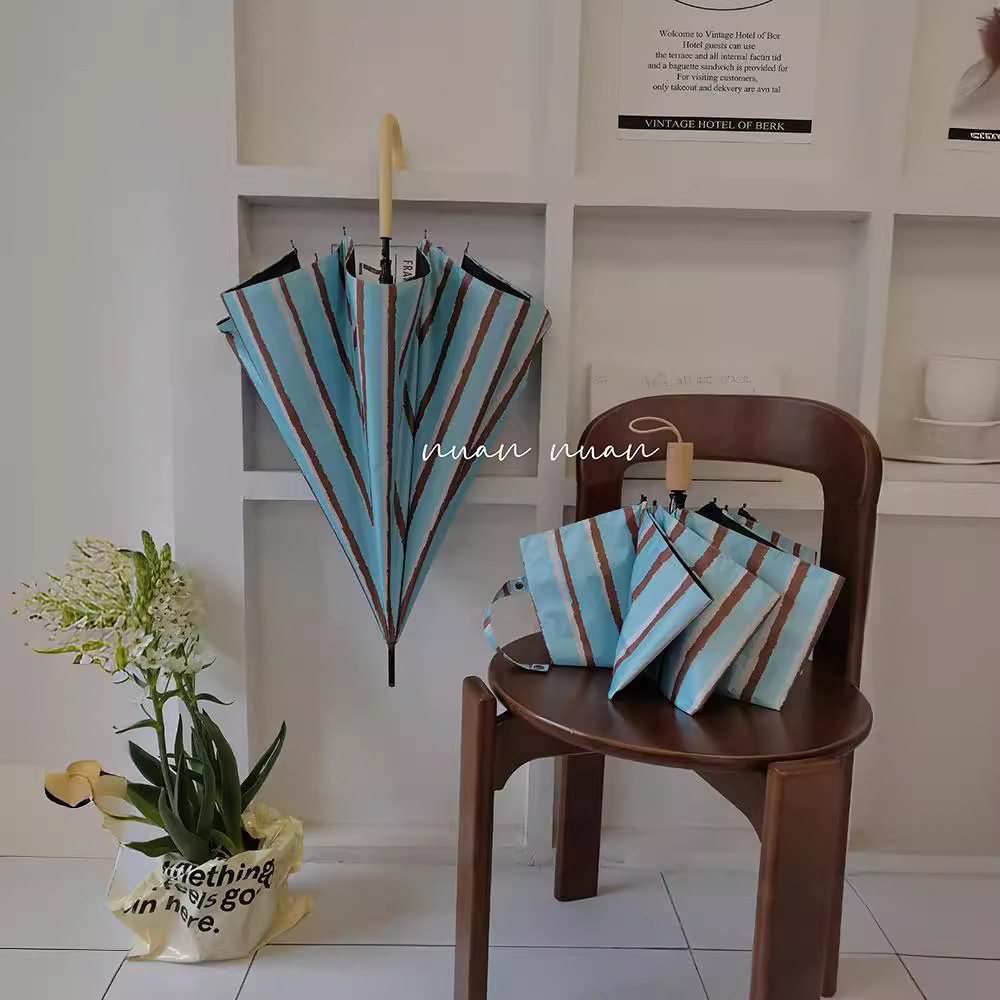 长柄伞复古条纹雨伞女晴雨两用小巧便携自动防晒紫外线遮阳太阳伞