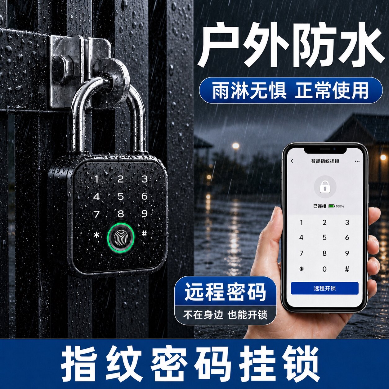 户外防水指纹密码挂锁家用防盗大铁门锁带钥匙仓库锁头智能电子锁