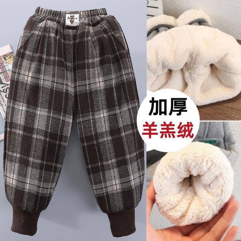 童装男女童羊羔绒裤子加绒加厚中大童一体绒格子裤儿童冬季保暖裤