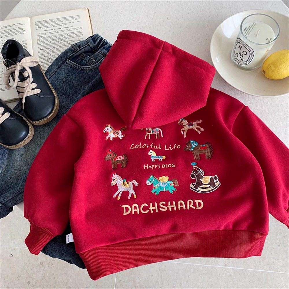 儿童红色卫衣男童冬季加绒加厚男孩连帽上衣男宝宝秋冬款小童冬装