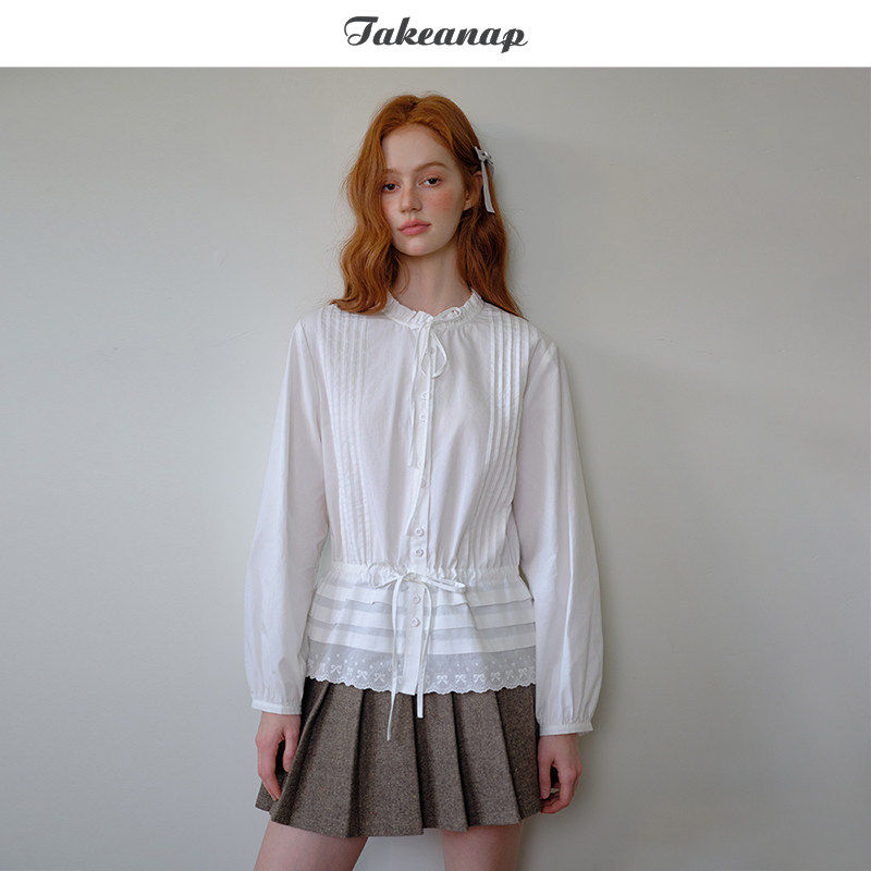 TAKEANAP午睡 蕾丝花边立领长袖衬衫女春绑带抽绳设计感甜酷衬衣