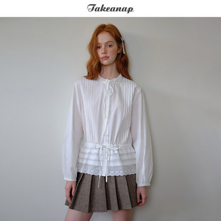 TAKEANAP午睡 蕾丝花边立领长袖衬衫女春绑带抽绳设计感甜酷衬衣
