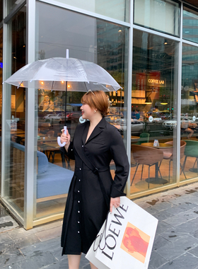 荷宝娜微胖定制 胖mm黑色西装领连衣裙女秋季新款百搭宽松外套