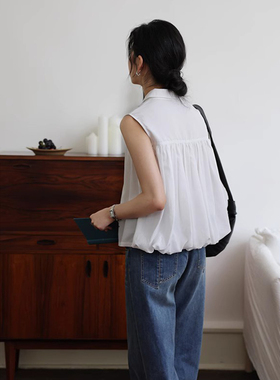 100%莱赛尔宽松白色无袖衬衫上衣女翻领简约衬衣夏季