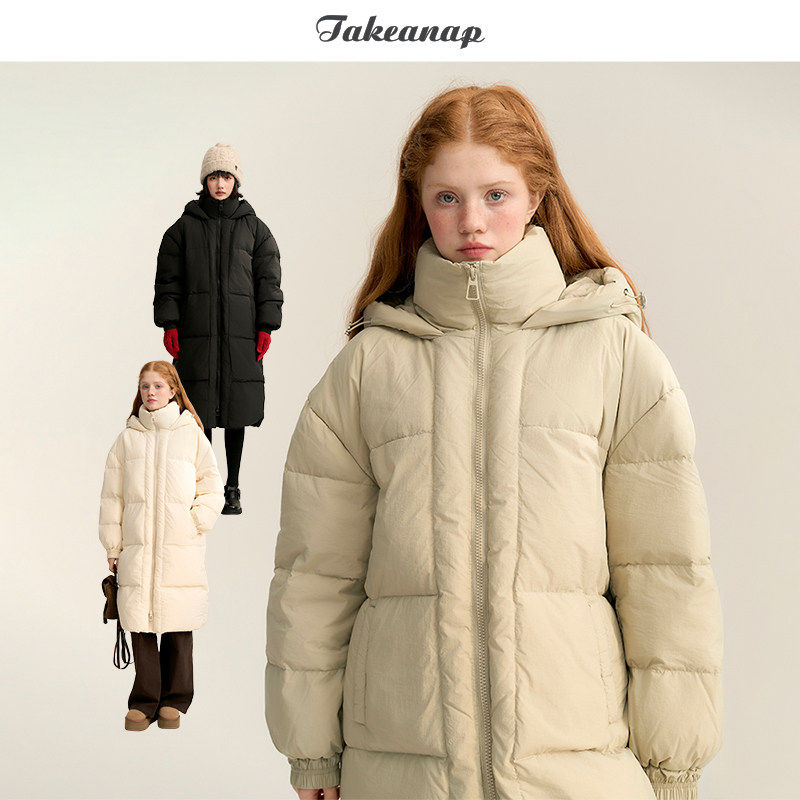 TAKEANAP午睡 中长款立领连帽羽绒服女冬90白鸭绒防风保暖绒外套