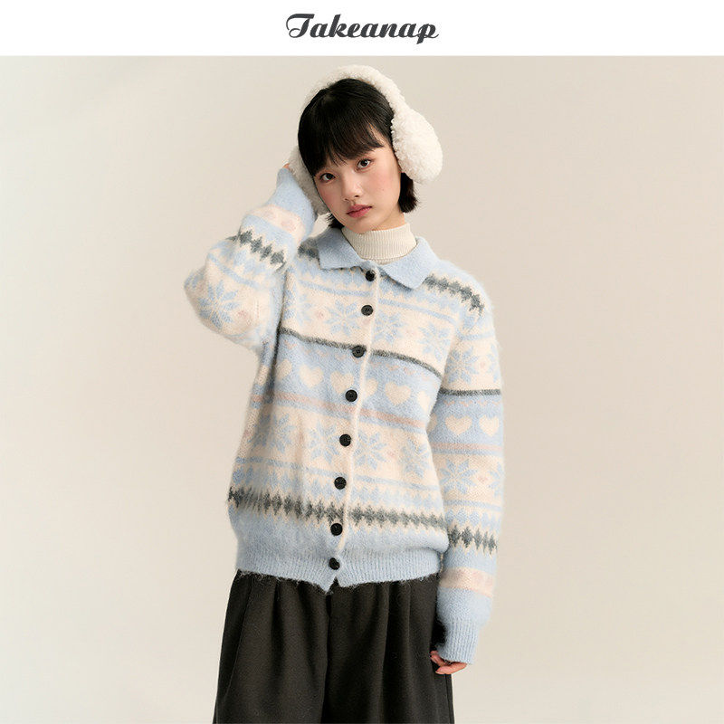 TAKEANAP午睡 拉毛工艺~费尔岛毛衣开衫女秋冬慵懒风翻领针织上衣