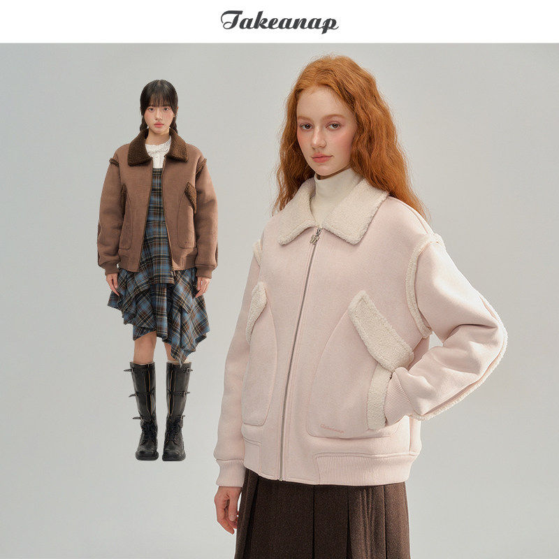 TAKEANAP午睡 羊羔毛皮毛一体外套女秋冬宽松休闲短款保暖夹克