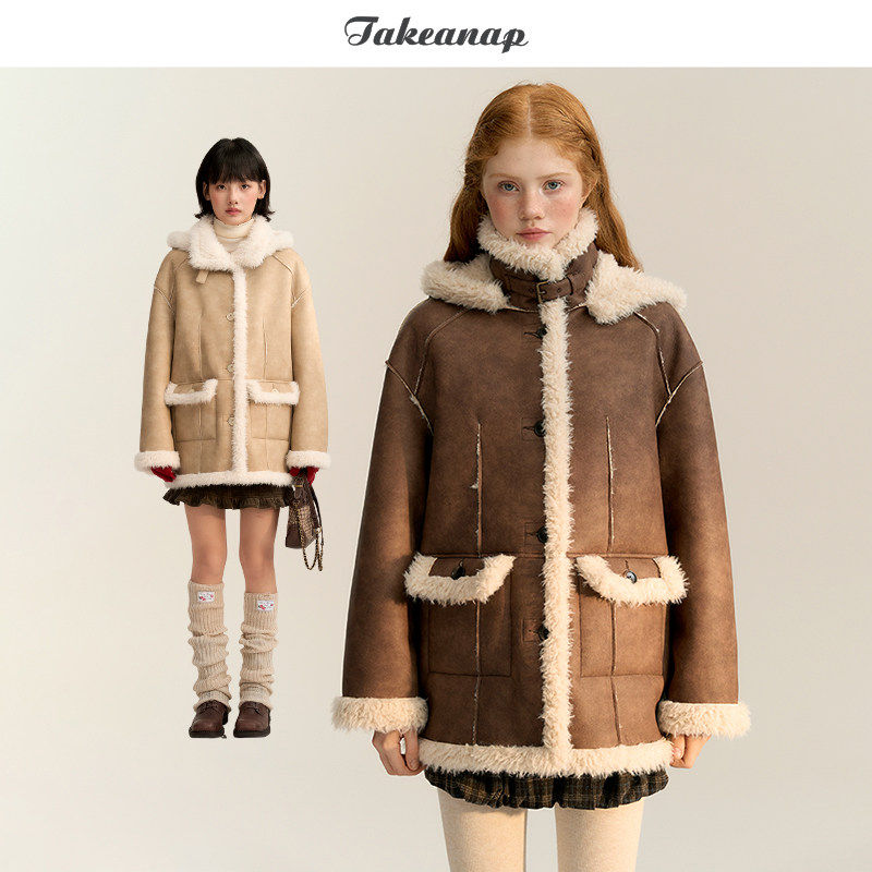 TAKEANAP午睡 羊羔毛皮毛一体棉服外套女冬季复古连帽仿皮草上衣