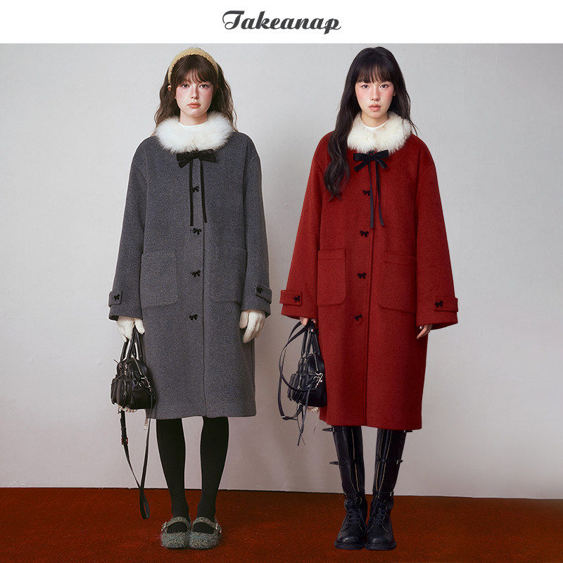 TAKEANAP午睡 跨年战袍 狐狸毛领毛呢大衣女冬蝴蝶结绗棉保暖外套