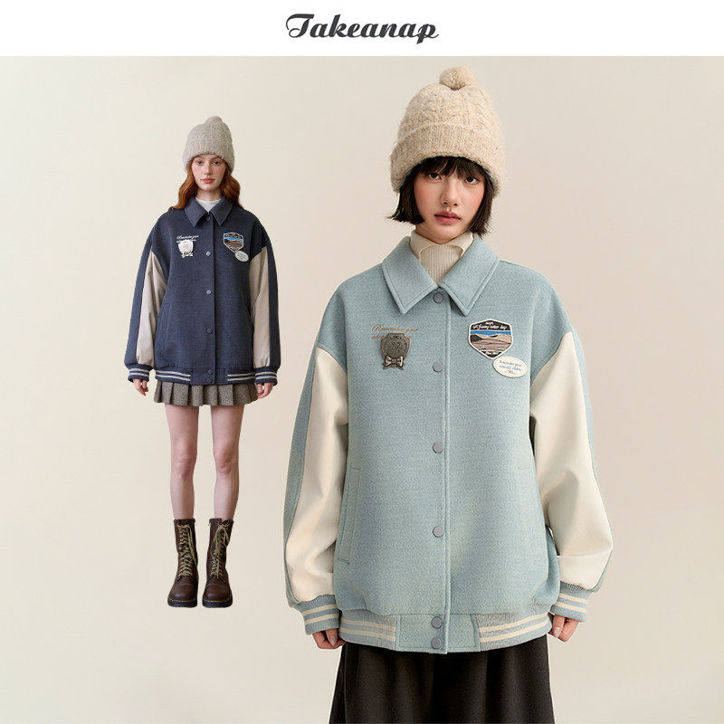 TAKEANAP午睡 无胸针~呢料拼皮勋章棒球服女秋冬刺绣学院短外套厚