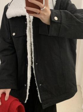 白色小翻领羊羔毛外套女2024年冬季加厚保暖高级感撞色气质上衣