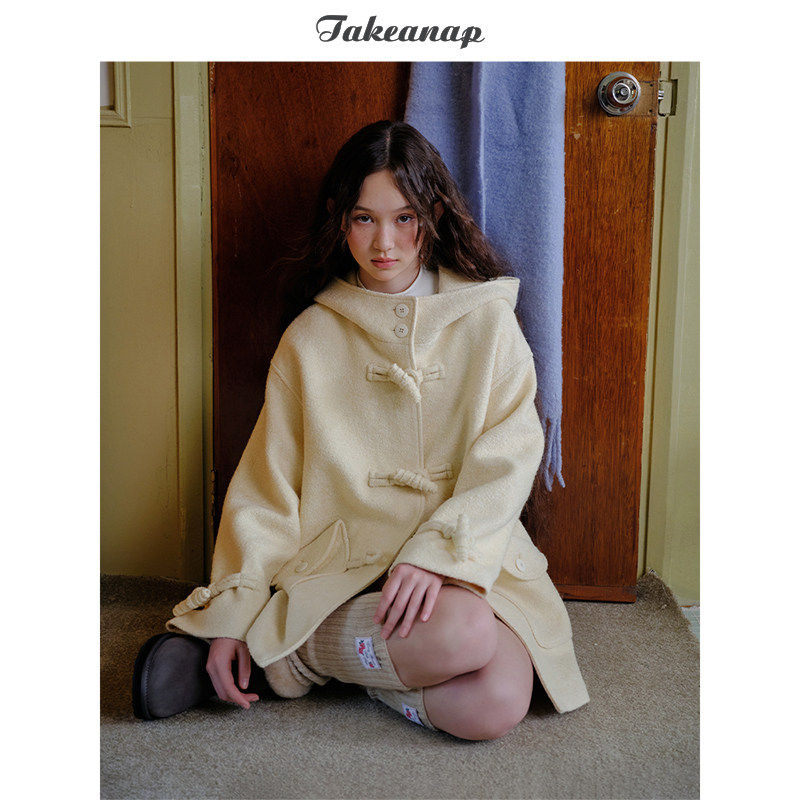 TAKEANAP午睡 圈圈毛牛角扣毛呢大衣女秋冬连帽宽松加厚呢子外套