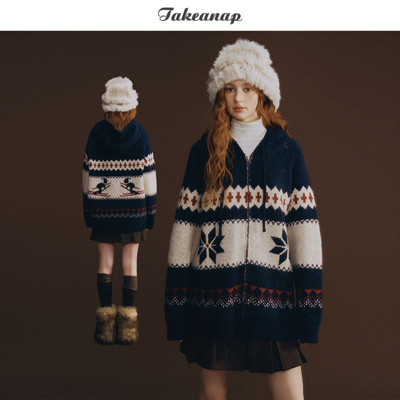 TAKEANAP午睡 连帽费尔岛毛衣开衫女秋冬复古宽松慵懒风针织外套