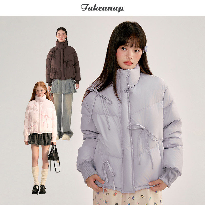 TAKEANAP午睡立领短款羽绒服女冬抽绳绑带90白鸭绒保暖外套小个子