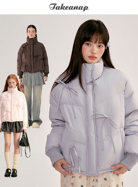 TAKEANAP午睡立领短款羽绒服女冬抽绳绑带90白鸭绒保暖外套小个子