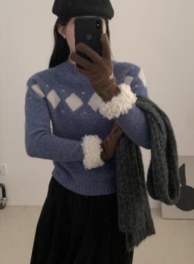 荷宝娜复古提花蓝色套头毛衣女2024年秋冬新款撞色短款气质针织衫