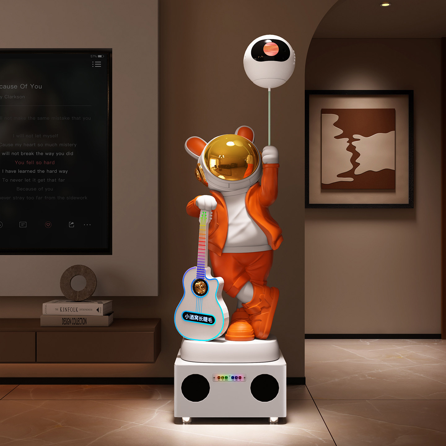 电视机柜旁音乐太空人落地摆件白金色现代简约客厅装饰品K歌音响