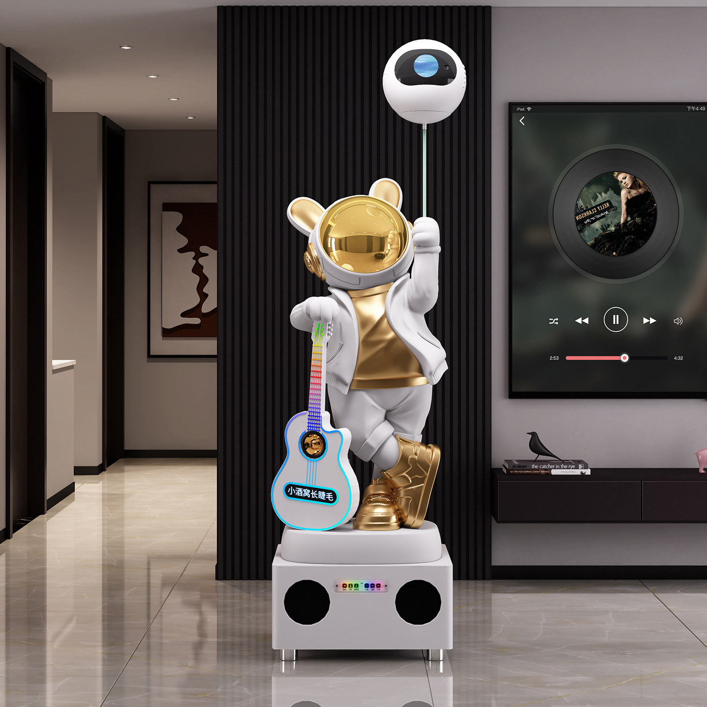 电视机柜旁音乐太空人落地摆件白金色现代简约客厅装饰品K歌音响