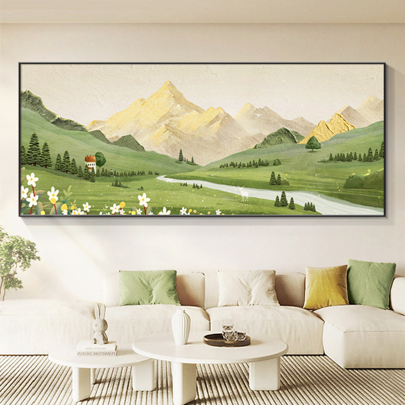 日照金山北欧客厅沙发背景墙装饰画一整幅山水画横版背有靠山挂画