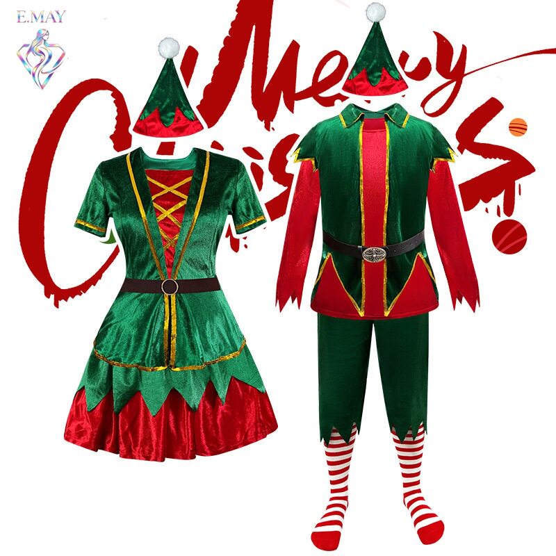 欧美圣诞精灵服装圣诞节绿色男女情侣服装圣诞服舞台演出服派对