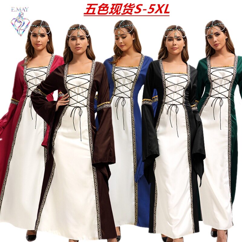 2025欧美爆款长袖喇带花边连衣裙哥特复古中世纪女装舞台表演服