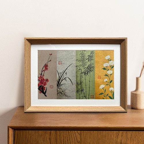 教师节礼物梅兰竹菊手绘相框桌面摆件卧室办公室挂画装饰画ins风