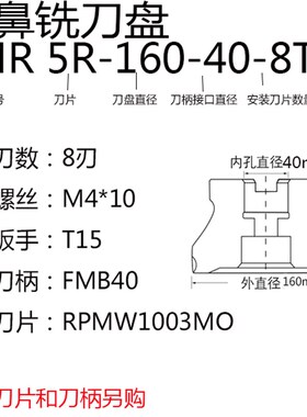 EMR圆鼻铣刀盘R5R6R8牛鼻子TRS飞刀盘台湾RPWM1003圆刀片50/63/80