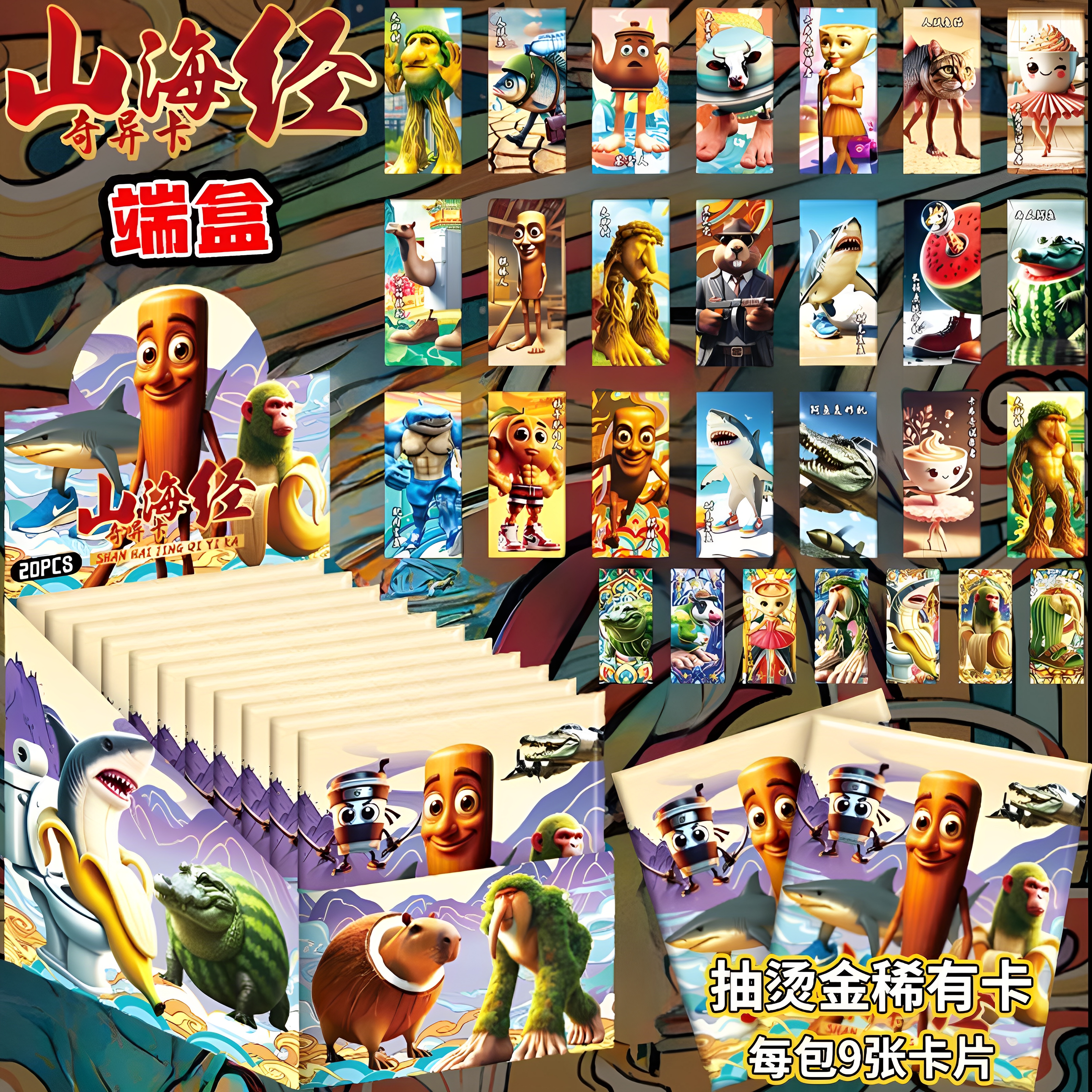 外国山海经卡片整盒桶桶ai木棍人小学生版稀有卡牌桌游全套玩具男