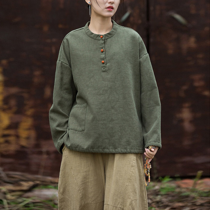 女士秋冬新款棉麻禅意加绒上衣新中式苎麻纯色衬衫加厚保暖套头衫