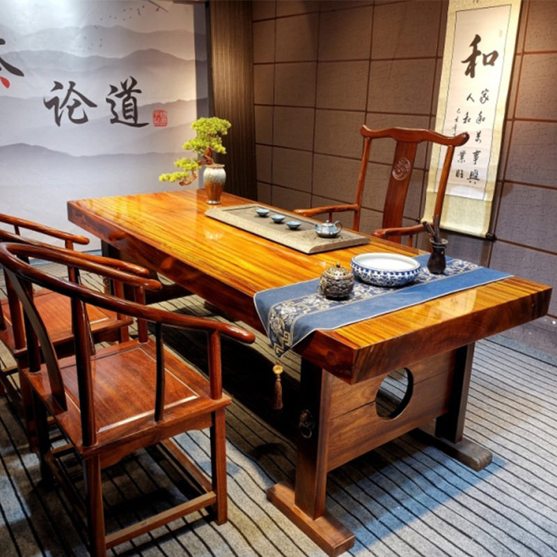 实木茶桌茶台 办公室商用老板桌新中式奥坎实木大板茶桌椅组合