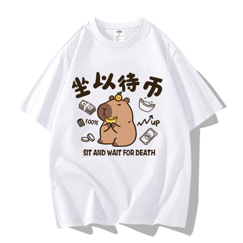 卡皮巴拉表情包水豚坐以待币情侣装短袖T恤衣服装体恤半袖打底衫 - 实物图
