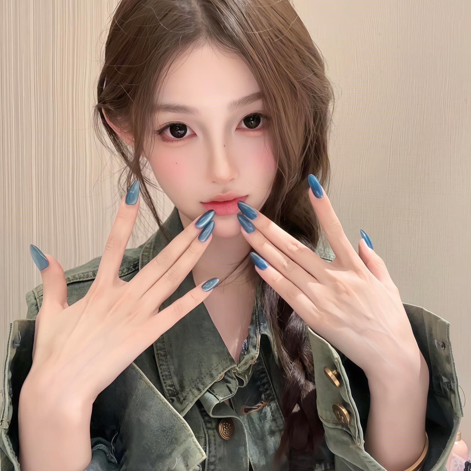 美甲贴片2026新款流行蓝色猫眼穿戴甲黑色系短款高级感显白手工