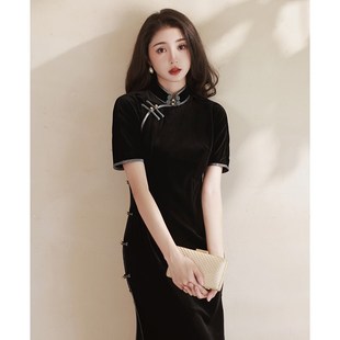 快速发货古法黑色旗袍女s民国老上海旧事丝绒简约复古显瘦改良日