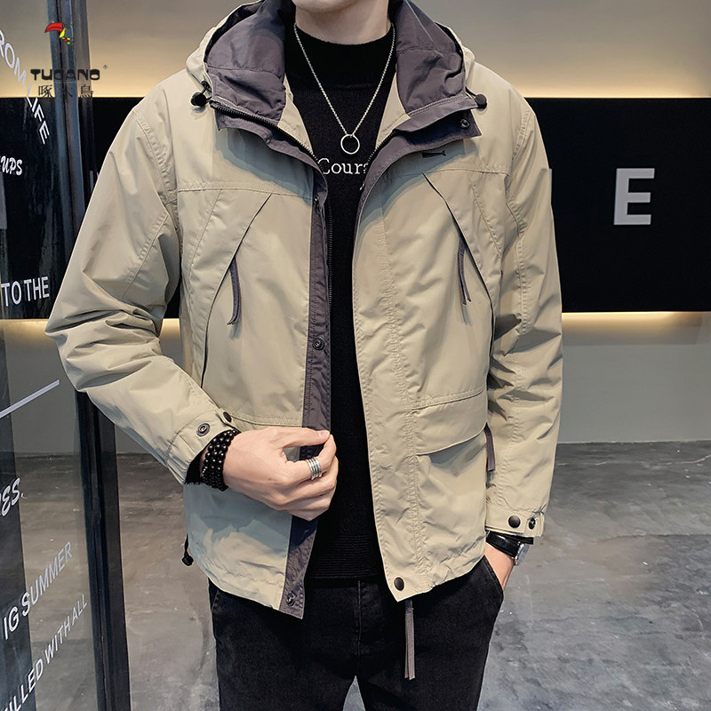 啄木鸟春秋新款连帽加厚工装冲锋衣夹克大码男装休闲韩版加棉外套