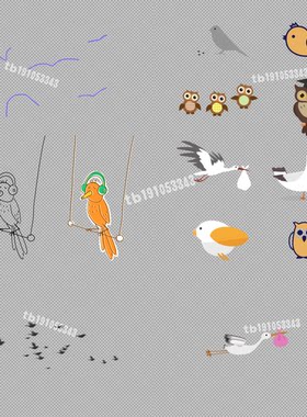 卡通飞鸟大雁麻雀鹦鹉猫头鹰海鸥蜂鸟送子鸟mg动画视频素材带通道